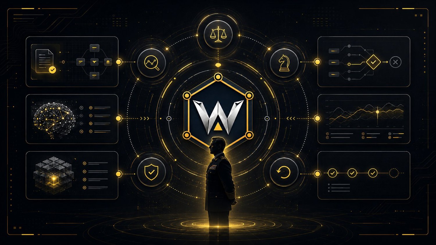 A commander at the center of the WARRANT operating picture — law-of-war, evidence, challenge, assurance, and assessment arrayed around the human decision.